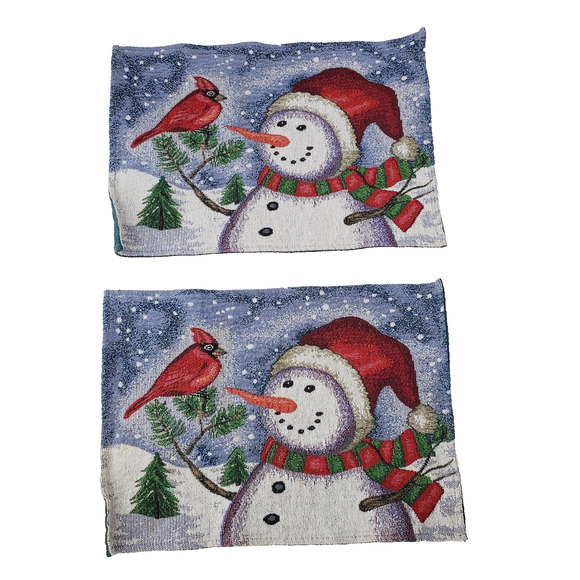 Christmas House Dining Cloth Place Mat Set of 2 Snowman & Red Cardinal Holiday - Picture 1 of 8
